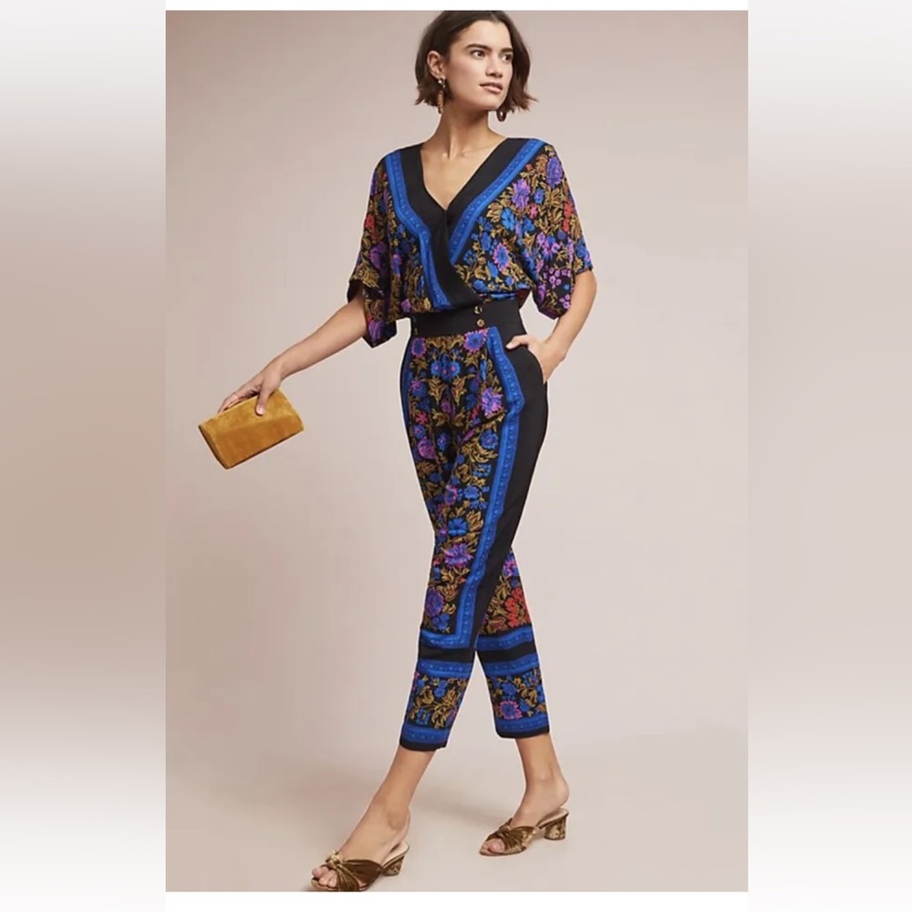 Anthropologie Scarf Floral Romper Jumpsuit Blue Black